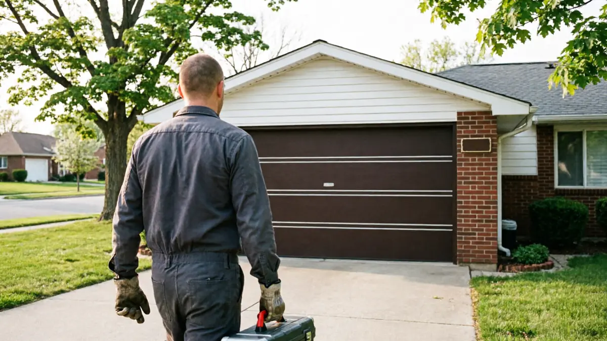 Installer fitting a new white raised-panel garage door on a shingle-sided home