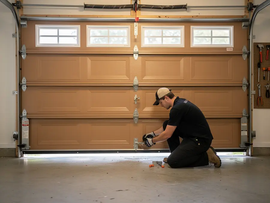 A technician kneels on the garage floor, working on a brown garage door.
