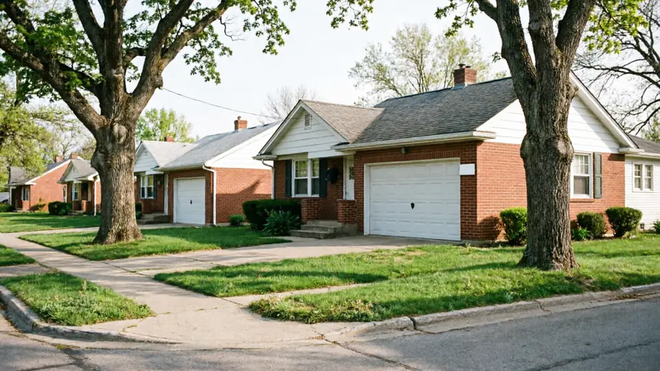 A row of brick houses with white garage doors and green lawns.