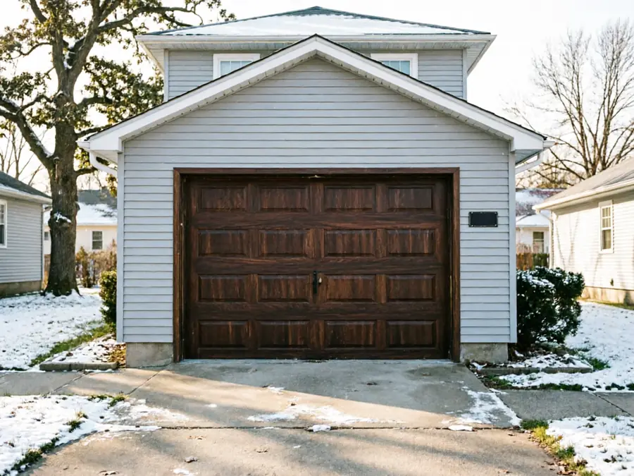 A brown wooden garage door on a light gray house with snow on the ground.