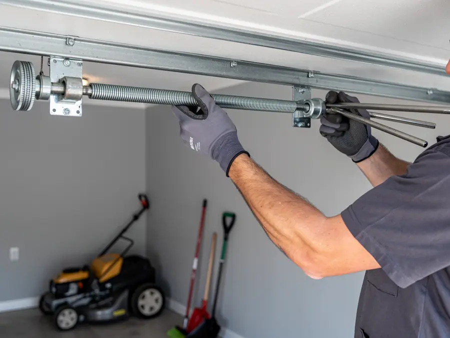 A technician adjusts a garage door torsion spring with winding bars.